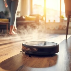 Robotic vacuum cleaner on hardwood floor, person walking in background. Sunlight streams in