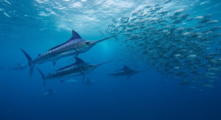 Fototapeta premium Blue Marlin Herd Chasing a School of Fish in a Vibrant Deep Blue Sea.