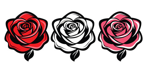 Set of three vector black silhouettes of rose flowers isolated on a white background. Red rose vector.