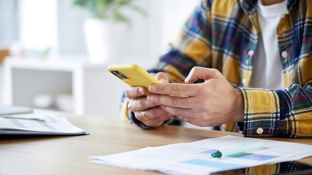 Close up of a person wearing a plaid shirt using a smartphone while sitting at a desk with papers and a computer keyboard - Powered by Adobe