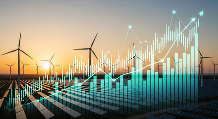 Wind turbines and solar panels with a rising graph overlayed at sunset showing clean energy growth