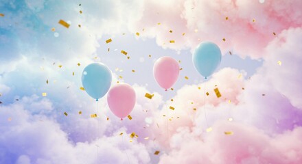 Fototapeta premium Pink and blue balloons float amidst cotton candy clouds with sprinkles of celebratory golden confetti in a soft sky.