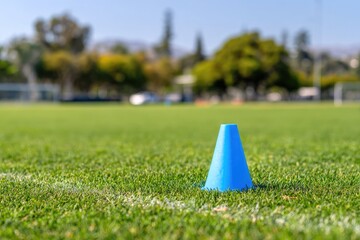 Bright blue training cone on a grassy field