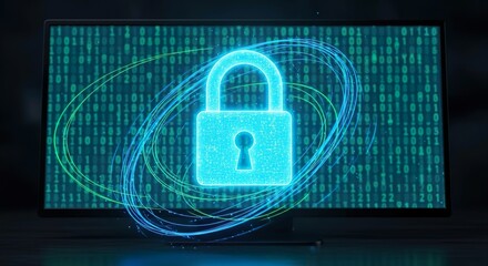Digital Security Padlock Icon on Binary Code Screen Cybersecurity Concept