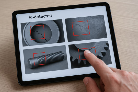 AI detected crack processing in industrial production using tablet for quality control and defect detection in manufacturing industry