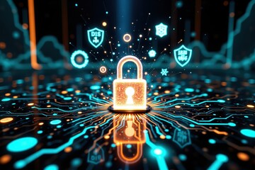 Cybersecurity Concept with Glowing Lock and Circuit Board