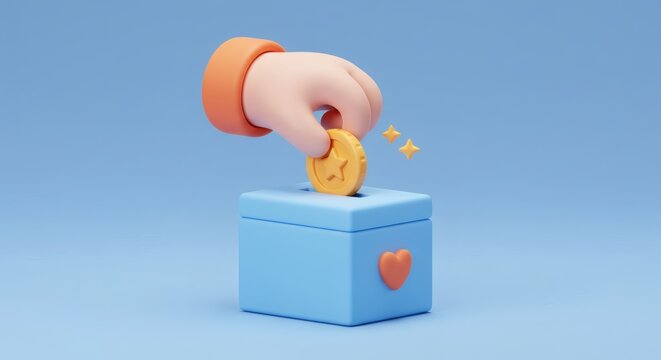 Cartoon Hand Drops Coin into Charity Box on Light Blue Background.