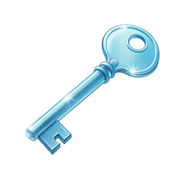 A single antique blue skeleton key with intricate details and a shiny metallic finish isolated on transparent background