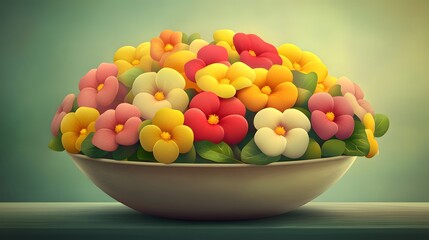 Vibrant Colorful Flowers in Bowl Still Life Illustration