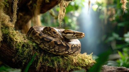 Fototapeta premium python coiled around branch of a towering tree in the heart of a tropical rainforest