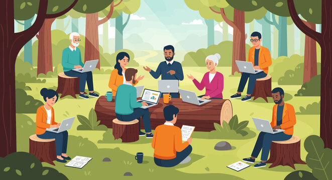 Vector illustration of a diverse corporate team collaborating outdoors during a company retreat in the woods - Powered by Adobe