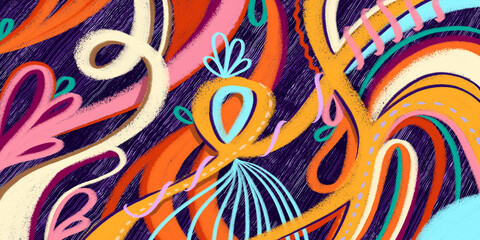 Vibrant hand-drawn abstract banner with curve shapes and decorative elements. Colorful and playful abstract composition background.