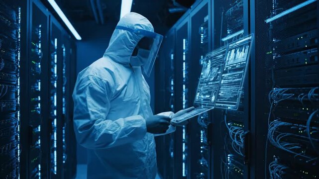 Engineer Inspecting Server Room Data Streams - An engineer in a protective suit uses a tablet to interact with a holographic data display in a dimly lit server room.