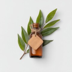 Amber glass bottle with natural tag, nestled amongst fresh green leaves