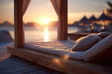 Beachfront daybed under draped posts soft pillows sunset view with blurred buildings