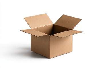 An empty, light-brown cardboard box, open and square, sits on a white background; its flaps are slightly raised, casting a subtle shadow