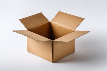 An empty, light-brown cardboard box sits open on a white background, flaps extended outwards, showcasing its square interior