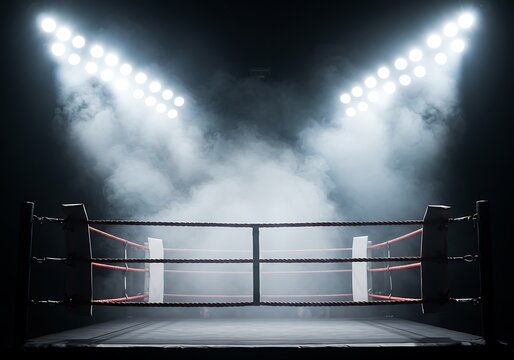 Empty boxing ring under bright stadium spotlights