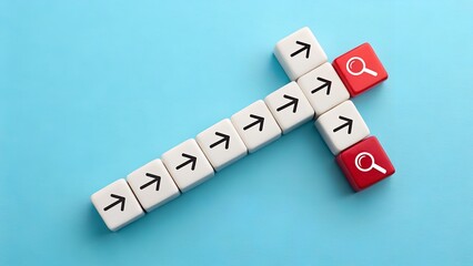Search and Direction Concept &ndash; Navigation Strategy, Information Discovery, Abstract, Conceptual, White Cubes with Arrows, Red Cubes with Magnifying Glass