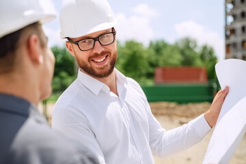 Optimistic Architect Reviewing Construction Plans with Colleague at Sunny Building Site for Real Estate Project