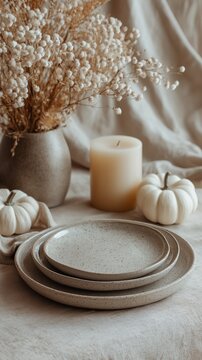 Rustic fall table setting with pumpkins, candle, and dried florals