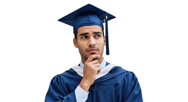 Thoughtful Graduate in Cap and Gown Pondering Future graduation student education thinking contemplation success achievement academic knowledge wisdom learning college