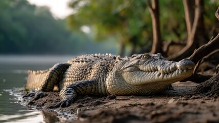 Fototapeta premium saltwater crocodile lounging on the muddy bank river