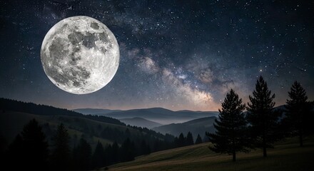 Fototapeta premium Bright Full Moon and Milky Way Galaxy Over Dark Mountain Night Landscape
