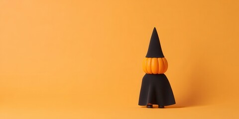 Fototapeta premium Halloween gnome costume concept. Halloween-themed pumpkin with witch hat on an orange background.
