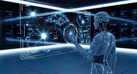 Humanoid Robot Interacting with Holographic AI Interface Futuristic Technology