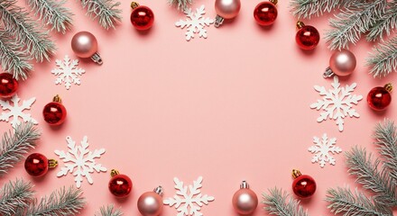 Festive winter arrangement with delicate snowflakes, frosted pine boughs, and shiny baubles in red and pink on a light rose background