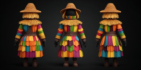 Halloween gnome costume concept. Colorful costume with straw hat displayed from multiple angles.