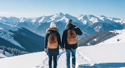 Couple holding hands hiking in snowy mountains with beautiful winter landscape