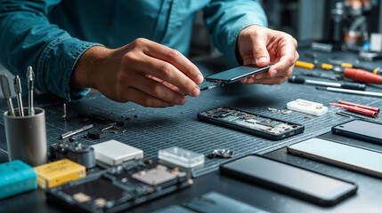 Hands of professional technician assembling smartphone components on modern electronics repair station table