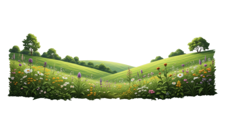 Vibrant Meadow with Rolling Green Hills and Wildflowers nature landscape summer spring outdoors scenic rural countryside colorful flora vegetation grass