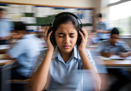 Autistic indian child girl at crowded school hallway classroom with noise cancelling headphones eyes shut distressed showing sensory overload anxiety panic meltdown motion blur