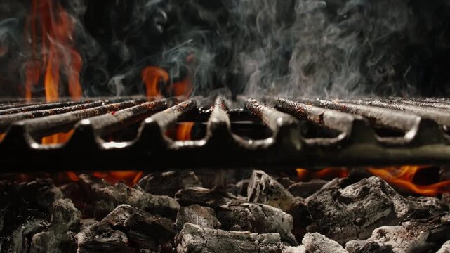 Chicken Fillet with Spices Drops on Flaming Grill in Slow Motion