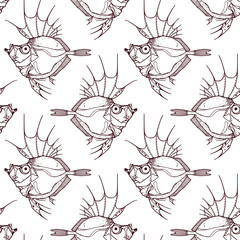 Vector seamless pattern hand drawn illustration of a deep sea fish made in graphic steampunk style. Ink drawing, beautiful design elements. Perfect print for any business related to the fish industry.