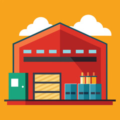 Obraz premium Illustration of a red warehouse building with storage containers and crates, symbolizing industry and logistics