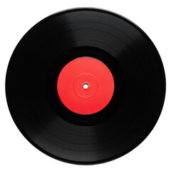 Black Vinyl Record with Red Label Isolated on White Background