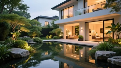 Fototapeta premium Modern two-story house with a serene garden and reflective pond at dusk