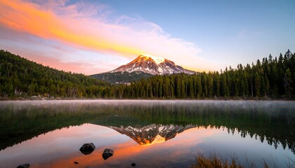 Golden hour mountain lake reflection of snow capped peak and forest with orange and blue sky