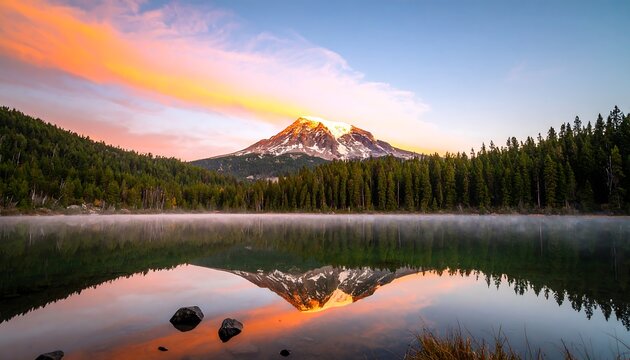 Golden hour mountain lake reflection of snow capped peak and forest with orange and blue sky