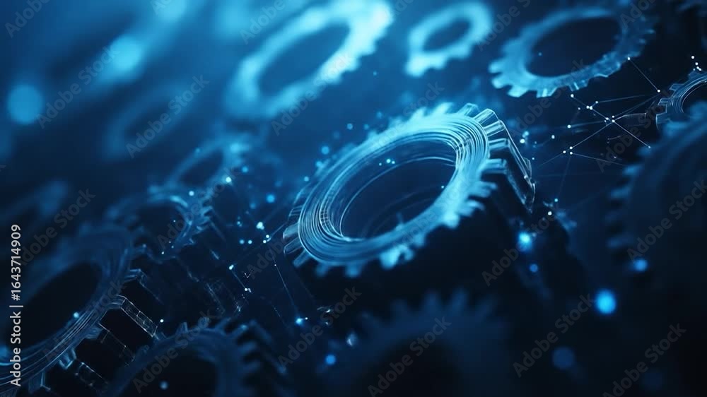 Wall mural interlocking gears with digital technology.