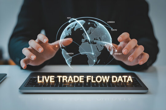 Global trade data visualized with interconnected cities and glowing lines on keyboard