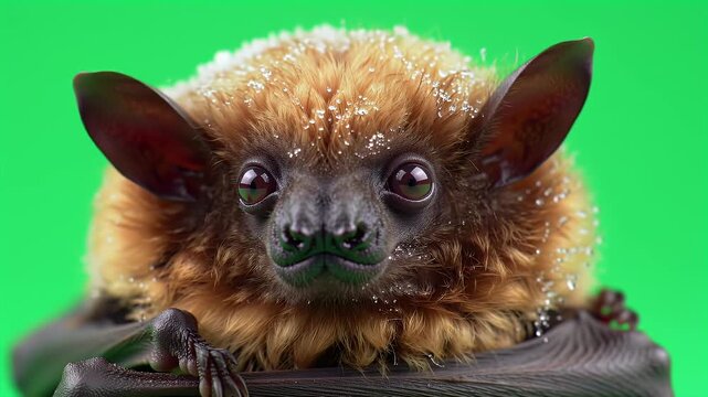 Detailed close-up portrait of a fluffy brown bat with expressive eyes, showcasing its textured fur against a vibrant green background. Nocturnal fl...
