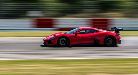 Dynamic Red Sports Car Speeding on Racetrack with Motion Blur
