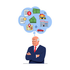 Elderly man thoughtfully considering life choices investments and future plans