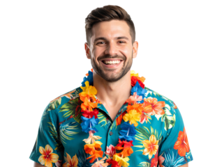 Smiling tourist in Hawaiian shirt, travel and vacation concept, isolated on a transparent background.