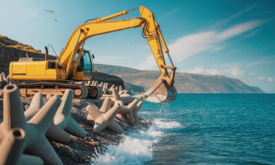 Yellow excavator working on coastal seawall